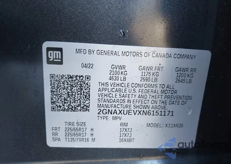 2022 Chevrolet Equinox Awd Lt z USA, uszkodzony, nr VIN 2GNAXUEVXN6151171